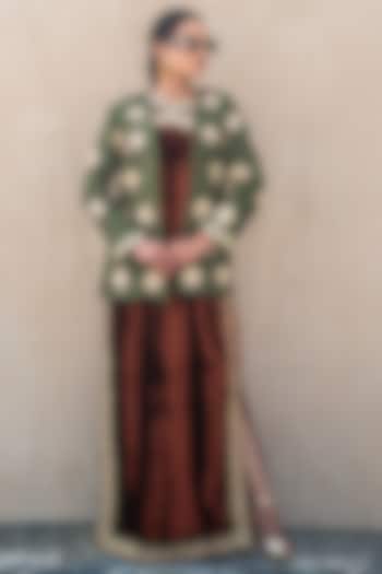 Rust Velvet Kashmiri Tilla Embroidered Vacation Dress With Jacket by Wazir C at Pernia's Pop Up Shop
