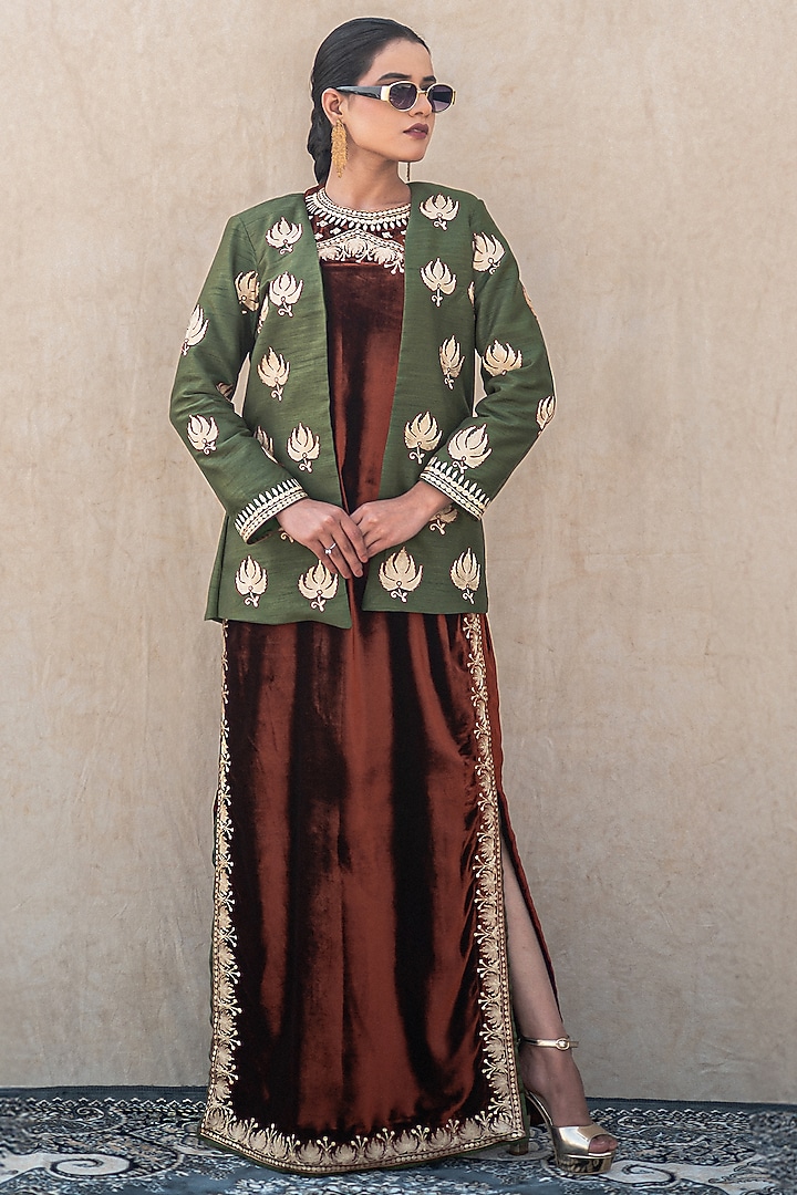 Rust Velvet Kashmiri Tilla Embroidered Vacation Dress With Jacket by Wazir C at Pernia's Pop Up Shop
