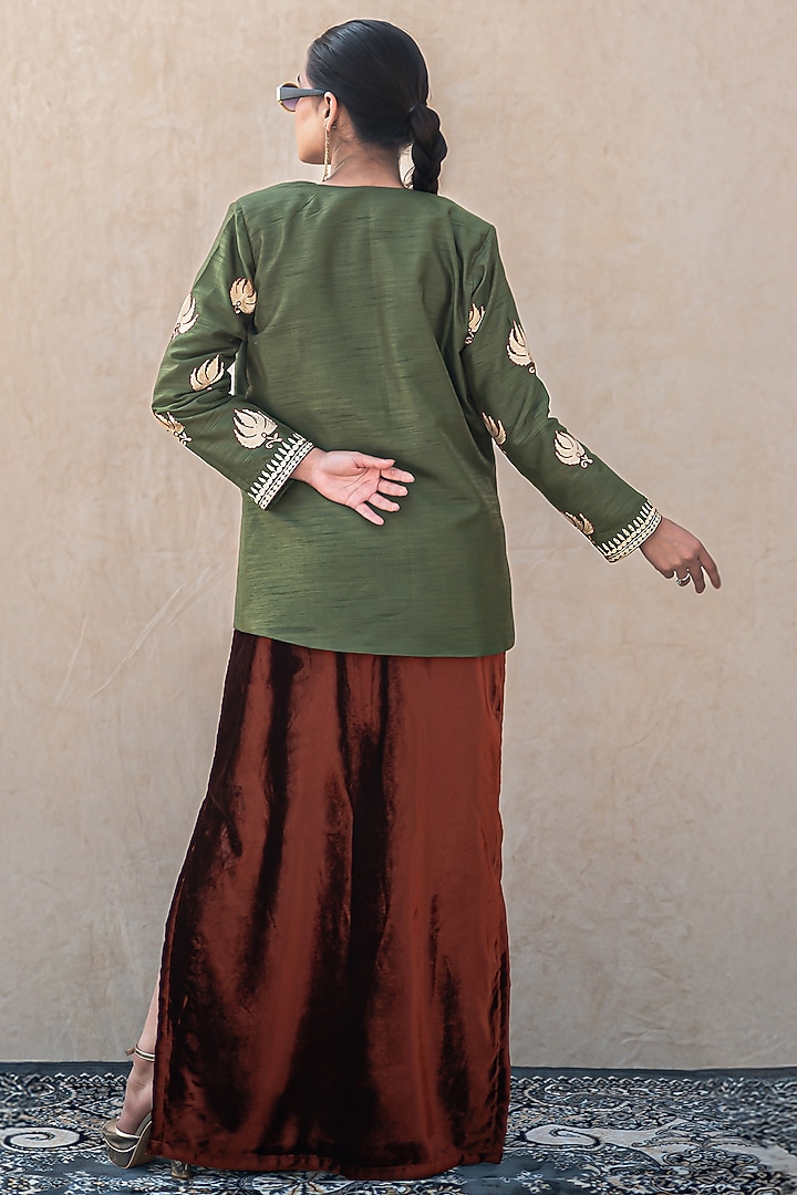 Rust Velvet Kashmiri Tilla Embroidered Vacation Dress With Jacket by Wazir C at Pernia's Pop Up Shop