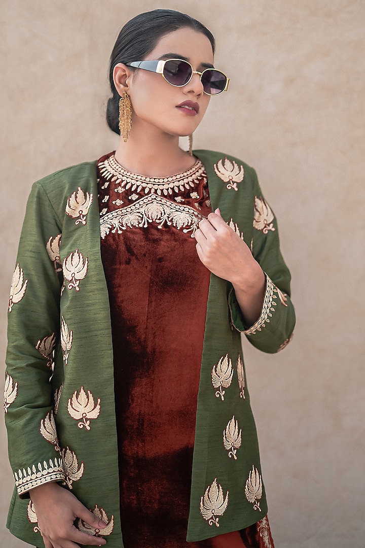 Rust Velvet Kashmiri Tilla Embroidered Vacation Dress With Jacket by Wazir C at Pernia's Pop Up Shop