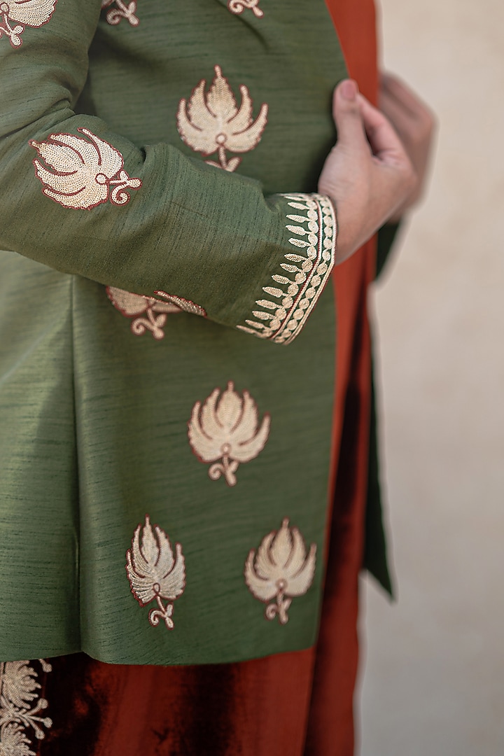 Rust Velvet Kashmiri Tilla Embroidered Vacation Dress With Jacket by Wazir C at Pernia's Pop Up Shop