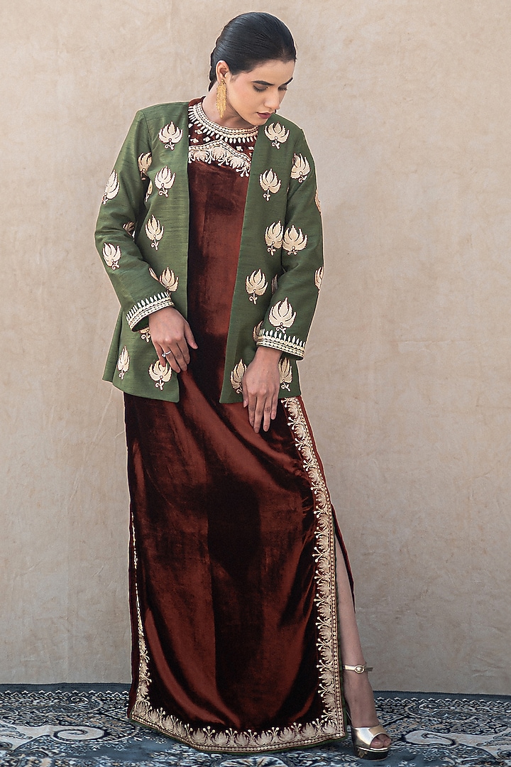 Rust Velvet Kashmiri Tilla Embroidered Vacation Dress With Jacket by Wazir C at Pernia's Pop Up Shop