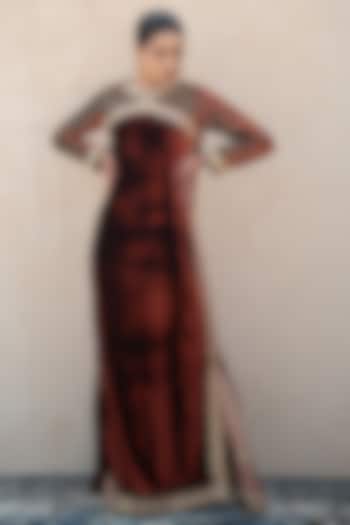Rust Velvet Kashmiri Tilla Embroidered Vacation Dress by Wazir C at Pernia's Pop Up Shop