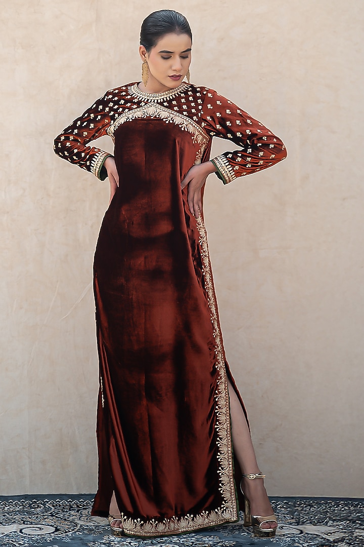 Rust Velvet Kashmiri Tilla Embroidered Vacation Dress by Wazir C at Pernia's Pop Up Shop