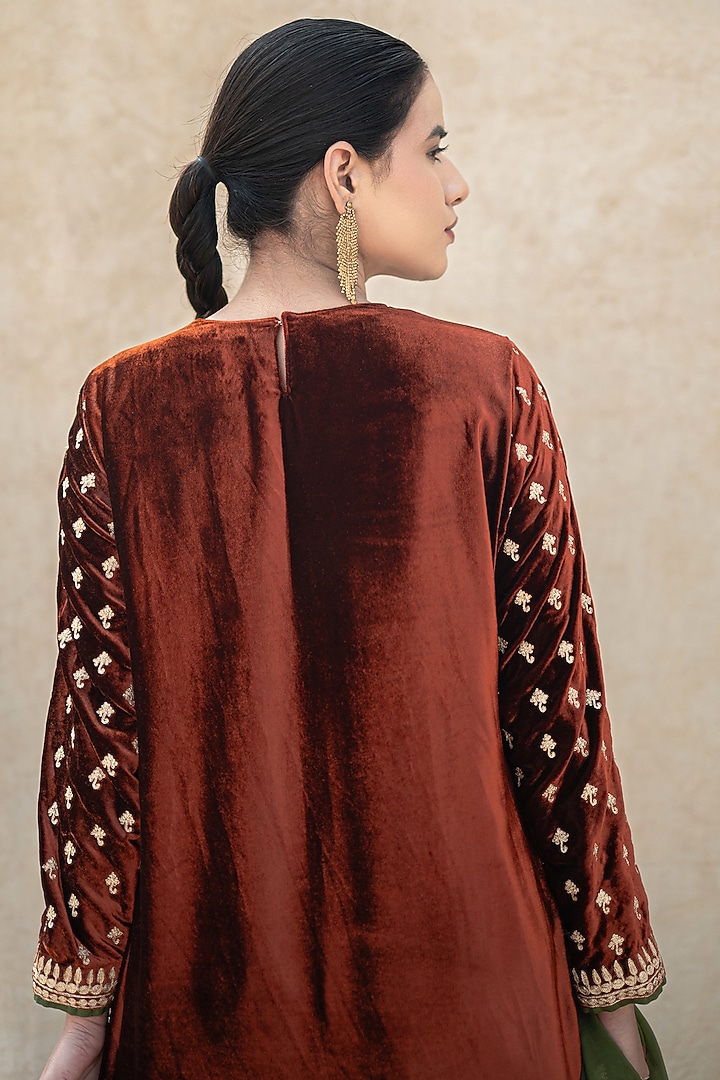 Rust Velvet Kashmiri Tilla Embroidered Vacation Dress by Wazir C at Pernia's Pop Up Shop