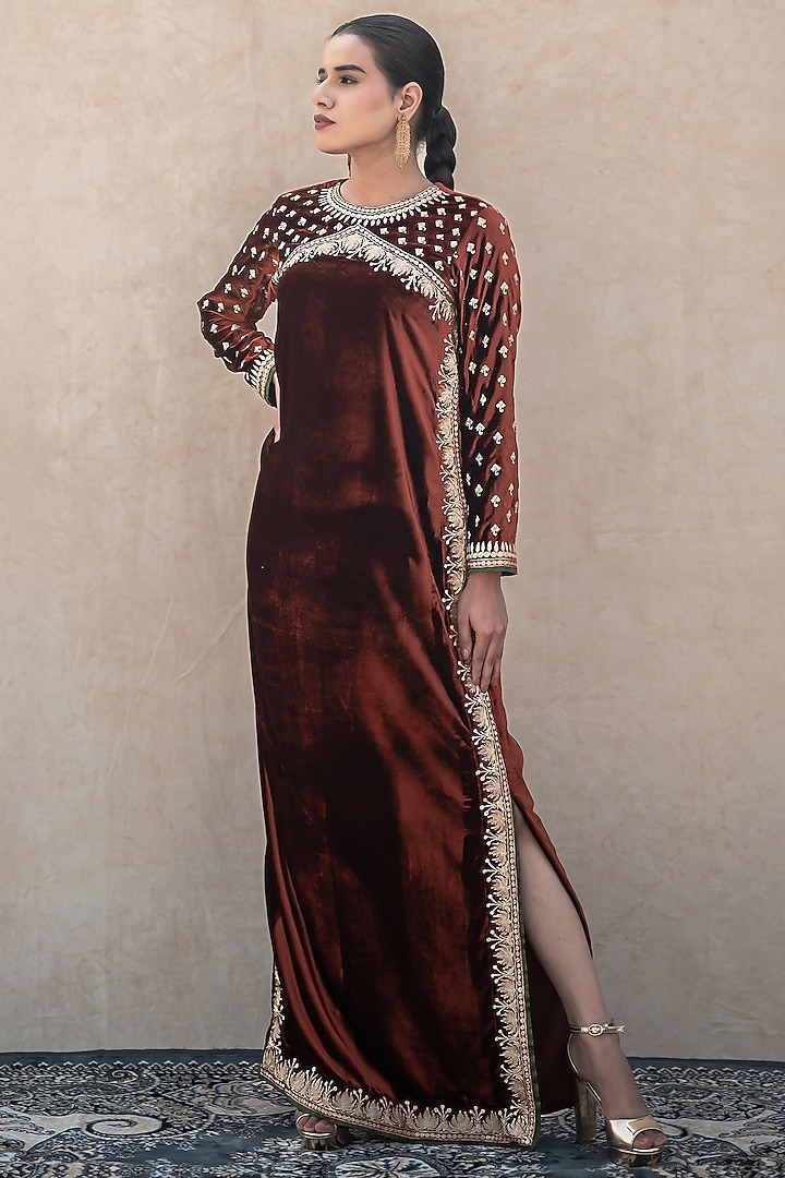 Rust Velvet Kashmiri Tilla Embroidered Vacation Dress by Wazir C at Pernia's Pop Up Shop