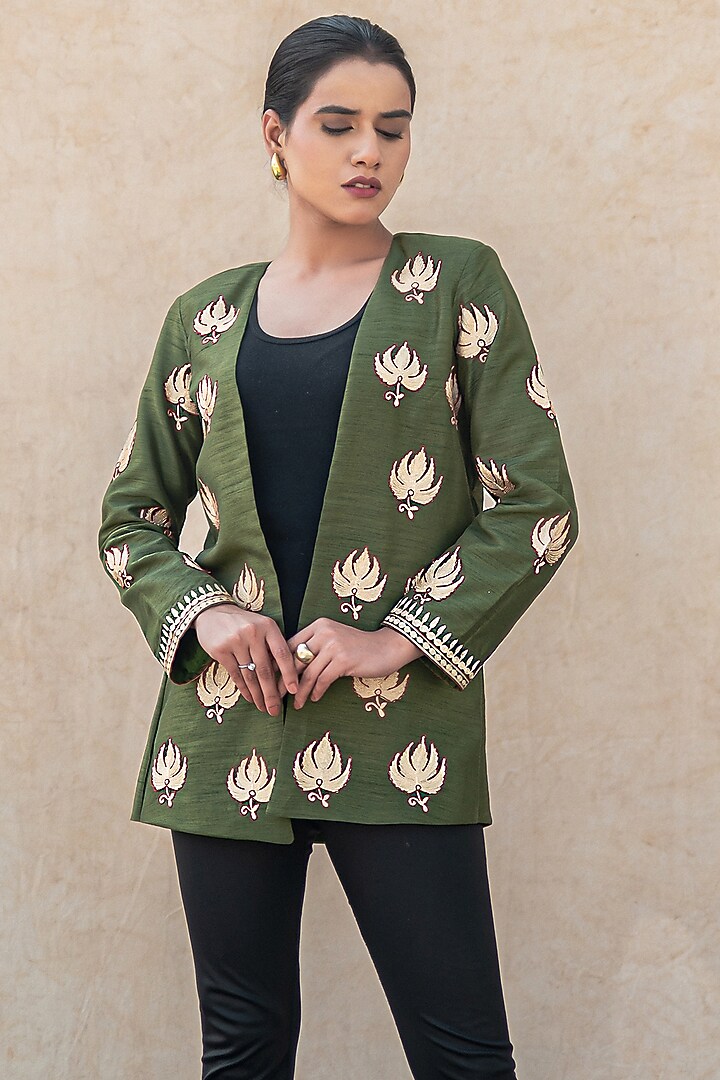 Green Silk Kashmiri Tilla Embroidered Jacket by Wazir C at Pernia's Pop Up Shop