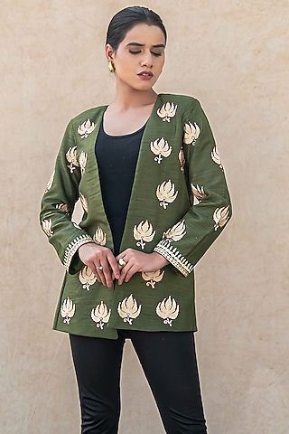 Green Silk Kashmiri Tilla Embroidered Jacket by Wazir C