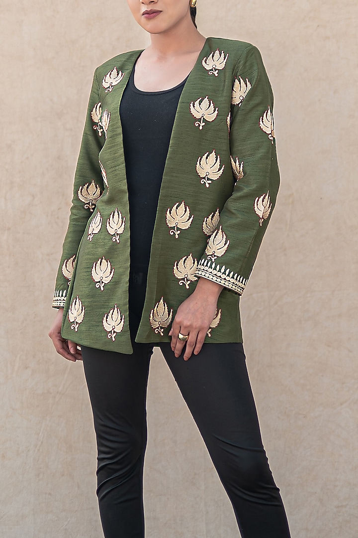 Green Silk Kashmiri Tilla Embroidered Jacket by Wazir C at Pernia's Pop Up Shop