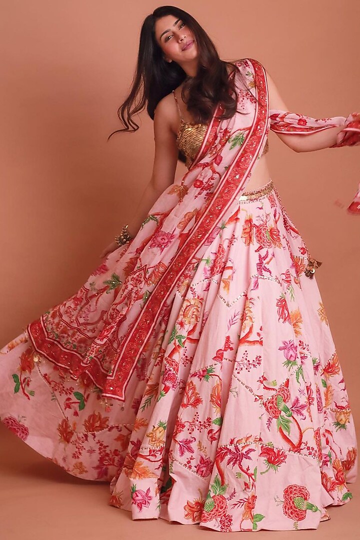 Blush Pink Embroidered Lehenga Set by Mahima Mahajan