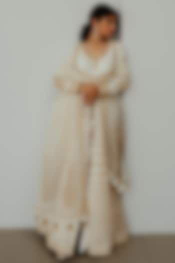 Ivory Chanderi Handloom Sequin & Cutdana Hand Embroidered Wedding Anarkali Set by Wabi Sabi at Pernia's Pop Up Shop