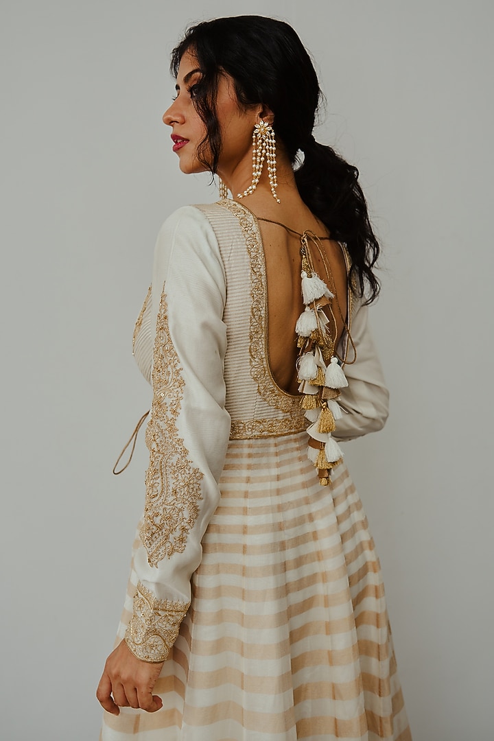 Ivory Chanderi Handloom Sequin & Cutdana Hand Embroidered Wedding Anarkali Set by Wabi Sabi at Pernia's Pop Up Shop