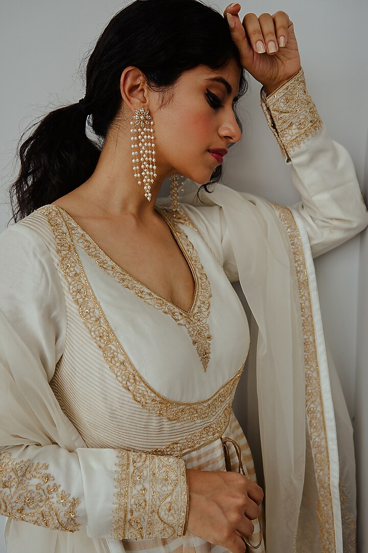 Ivory Chanderi Handloom Sequin & Cutdana Hand Embroidered Wedding Anarkali Set by Wabi Sabi at Pernia's Pop Up Shop