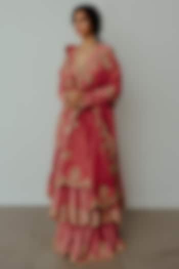 Old Rose Chanderi Handloom Sequin & Cutdana Hand Embroidered Wedding Anarkali Set by Wabi Sabi at Pernia's Pop Up Shop