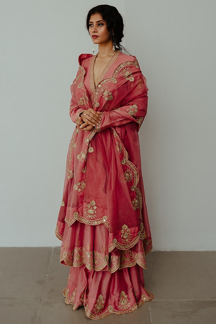 Old Rose Chanderi Handloom Sequin & Cutdana Hand Embroidered Wedding Anarkali Set by Wabi Sabi at Pernia's Pop Up Shop