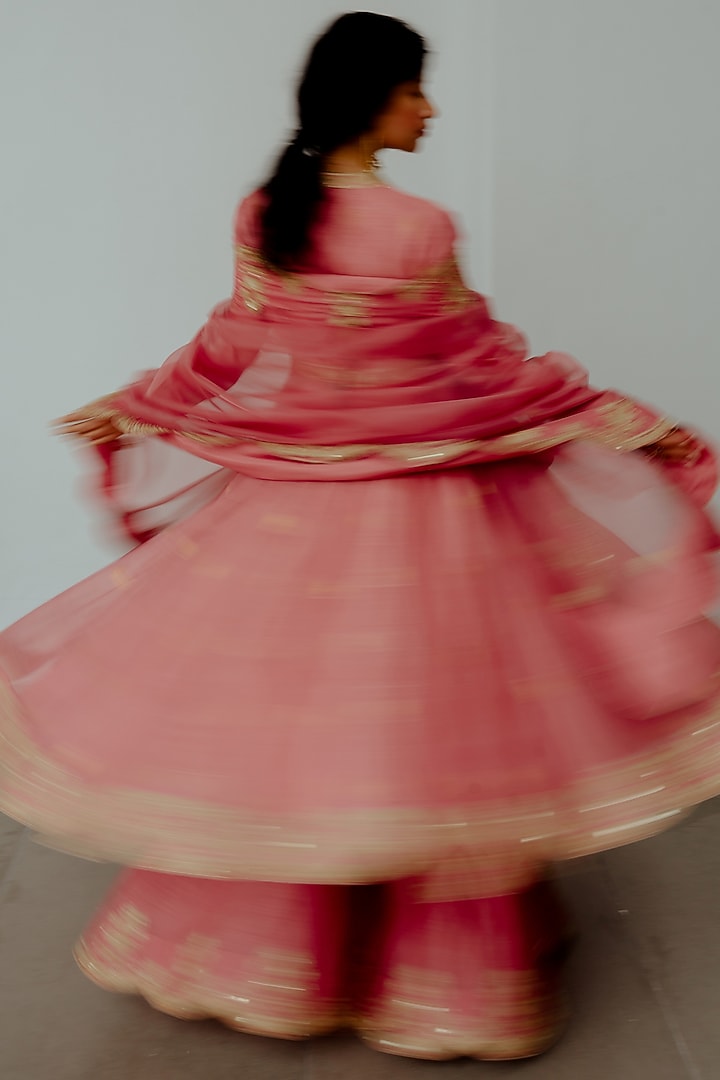 Old Rose Chanderi Handloom Sequin & Cutdana Hand Embroidered Bridal Anarkali Set by Wabi Sabi at Pernia's Pop Up Shop