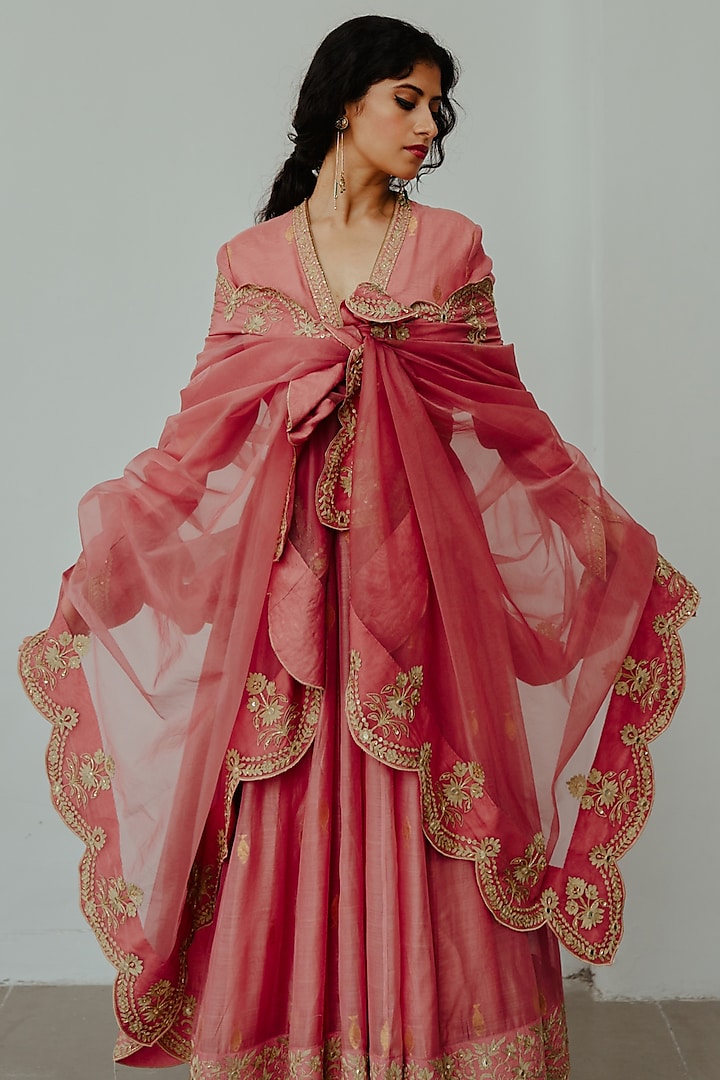 Old Rose Chanderi Handloom Sequin & Cutdana Hand Embroidered Bridal Anarkali Set by Wabi Sabi at Pernia's Pop Up Shop
