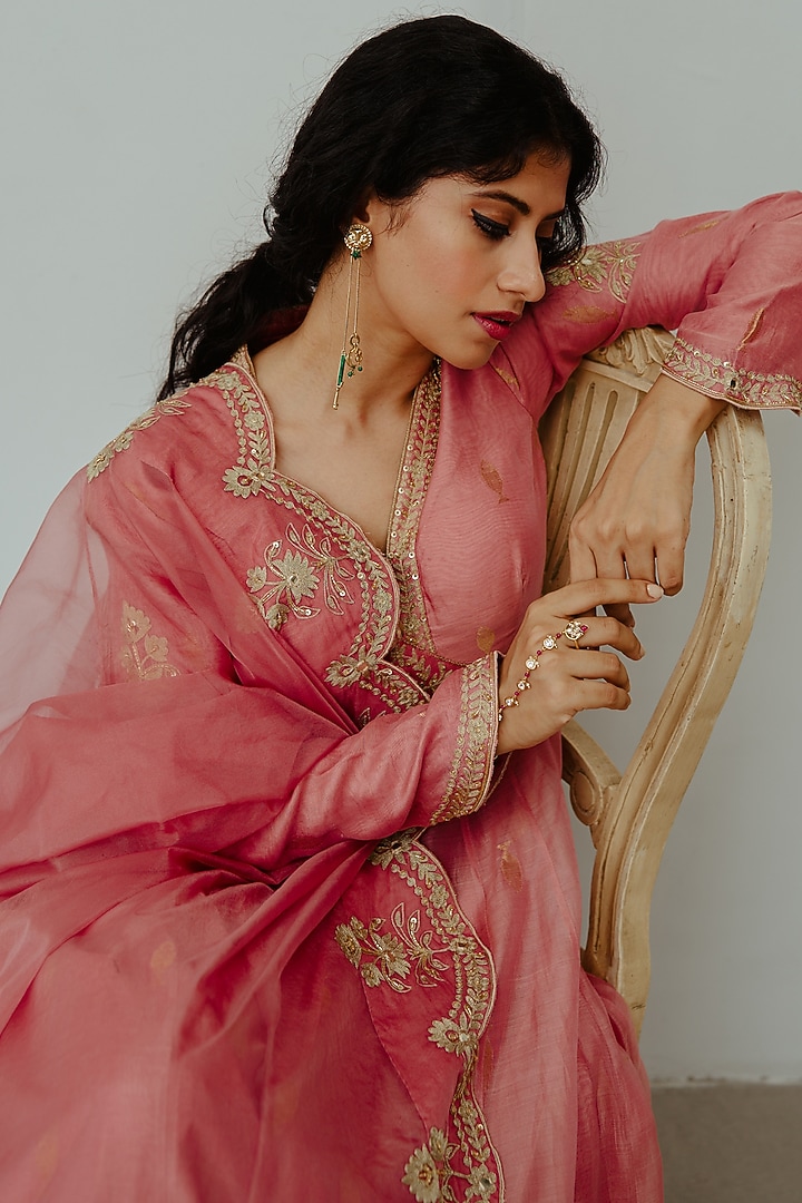 Old Rose Chanderi Handloom Sequin & Cutdana Hand Embroidered Bridal Anarkali Set by Wabi Sabi at Pernia's Pop Up Shop