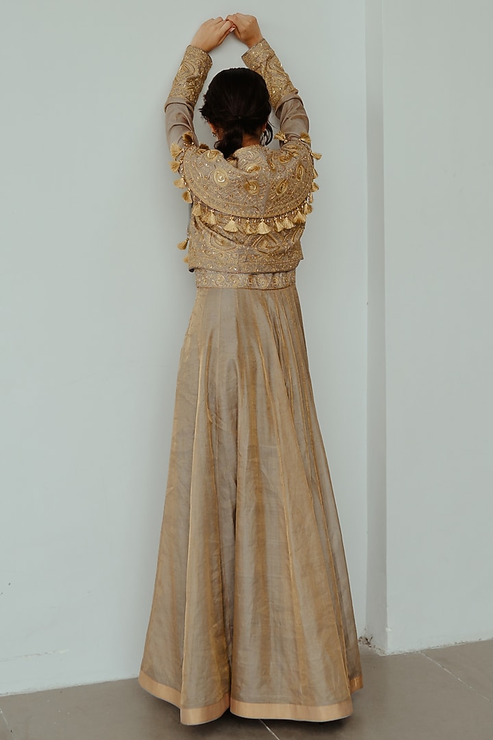 Smoky Grey Handwoven Tissue Sequin Hand Embroidered Wedding Anarkali Set by Wabi Sabi at Pernia's Pop Up Shop