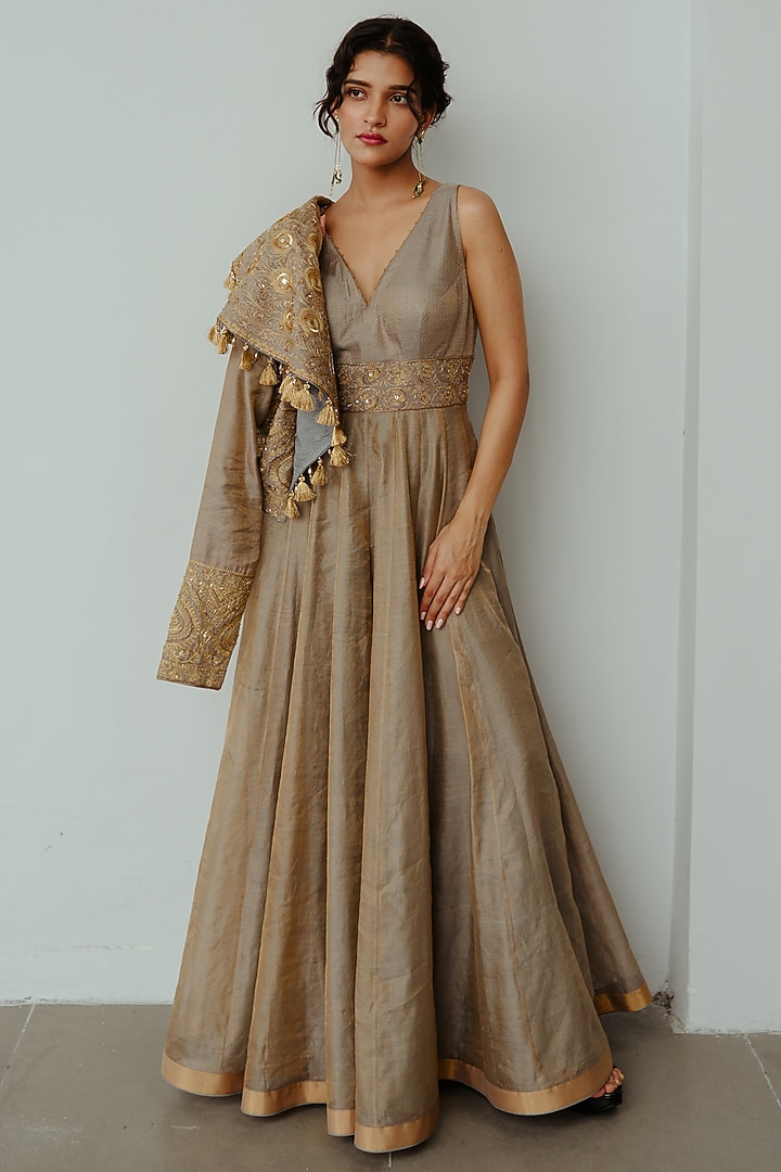 Smoky Grey Handwoven Tissue Sequin Hand Embroidered Wedding Anarkali Set by Wabi Sabi at Pernia's Pop Up Shop