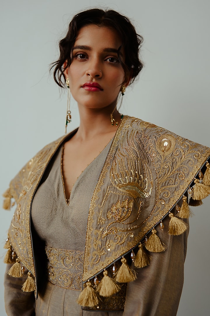 Smoky Grey Handwoven Tissue Sequin Hand Embroidered Wedding Anarkali Set by Wabi Sabi at Pernia's Pop Up Shop