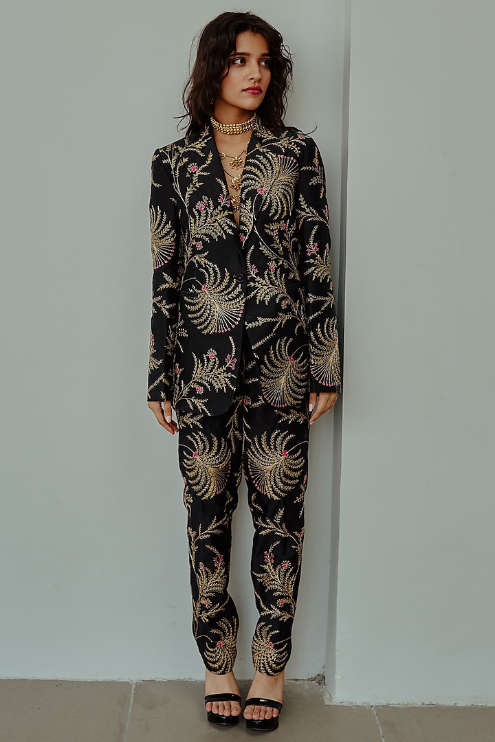 Charcoal Black Chanderi Handloom Resham Embroidered Jacket Set by Wabi Sabi at Pernia's Pop Up Shop