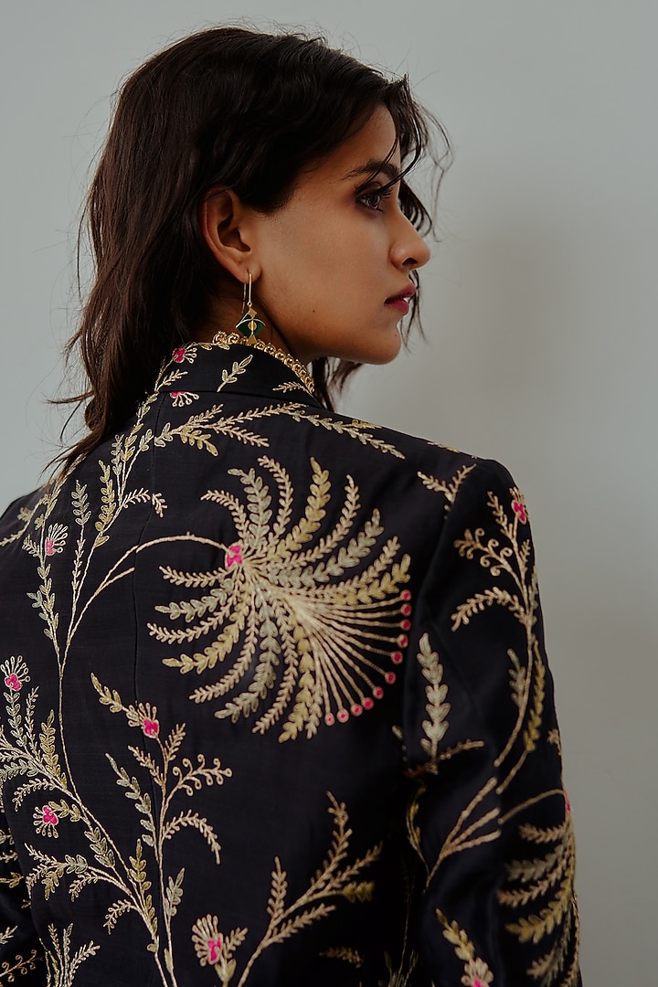 Charcoal Black Chanderi Handloom Resham Embroidered Jacket Set by Wabi Sabi at Pernia's Pop Up Shop
