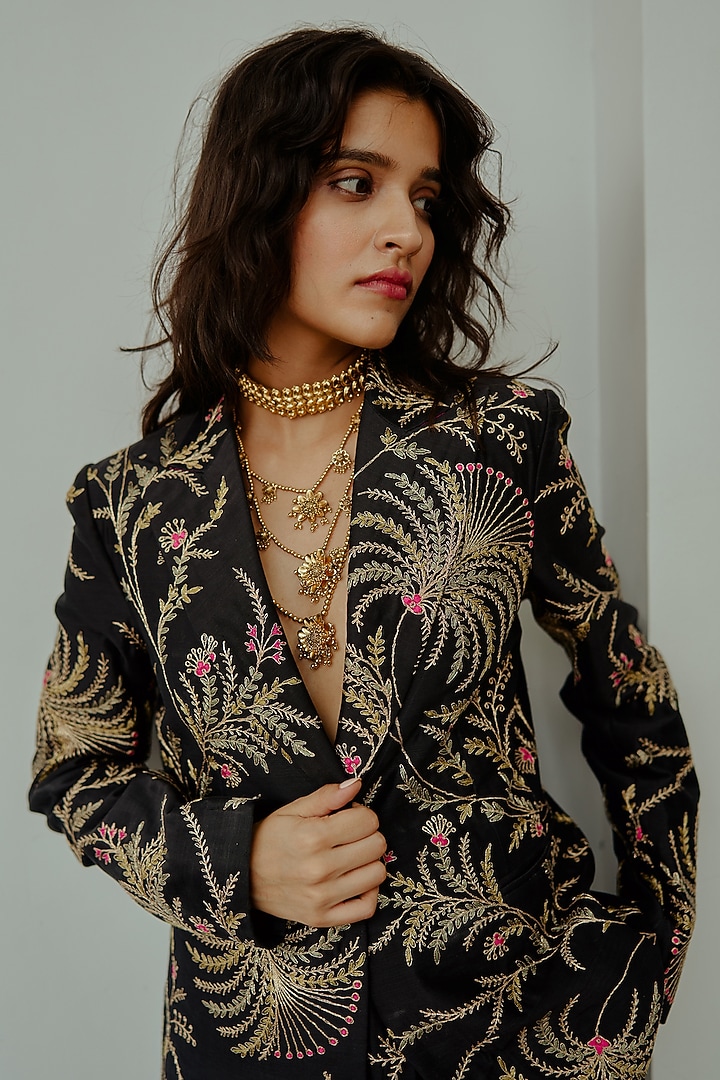 Charcoal Black Chanderi Handloom Resham Embroidered Jacket Set by Wabi Sabi at Pernia's Pop Up Shop