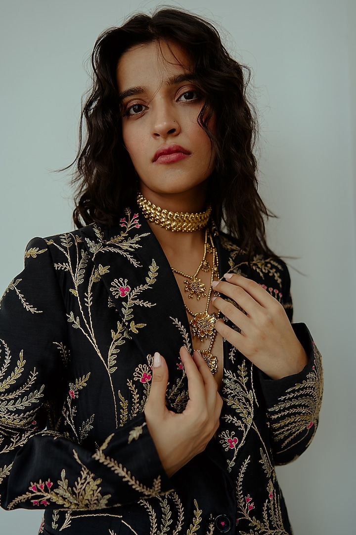 Charcoal Black Chanderi Handloom Resham Embroidered Jacket Set by Wabi Sabi at Pernia's Pop Up Shop