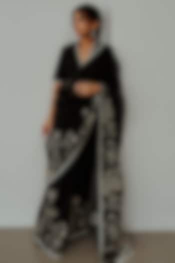 Black Organza Aari & Pearl Embroidered Wedding Saree Set by Wabi Sabi at Pernia's Pop Up Shop