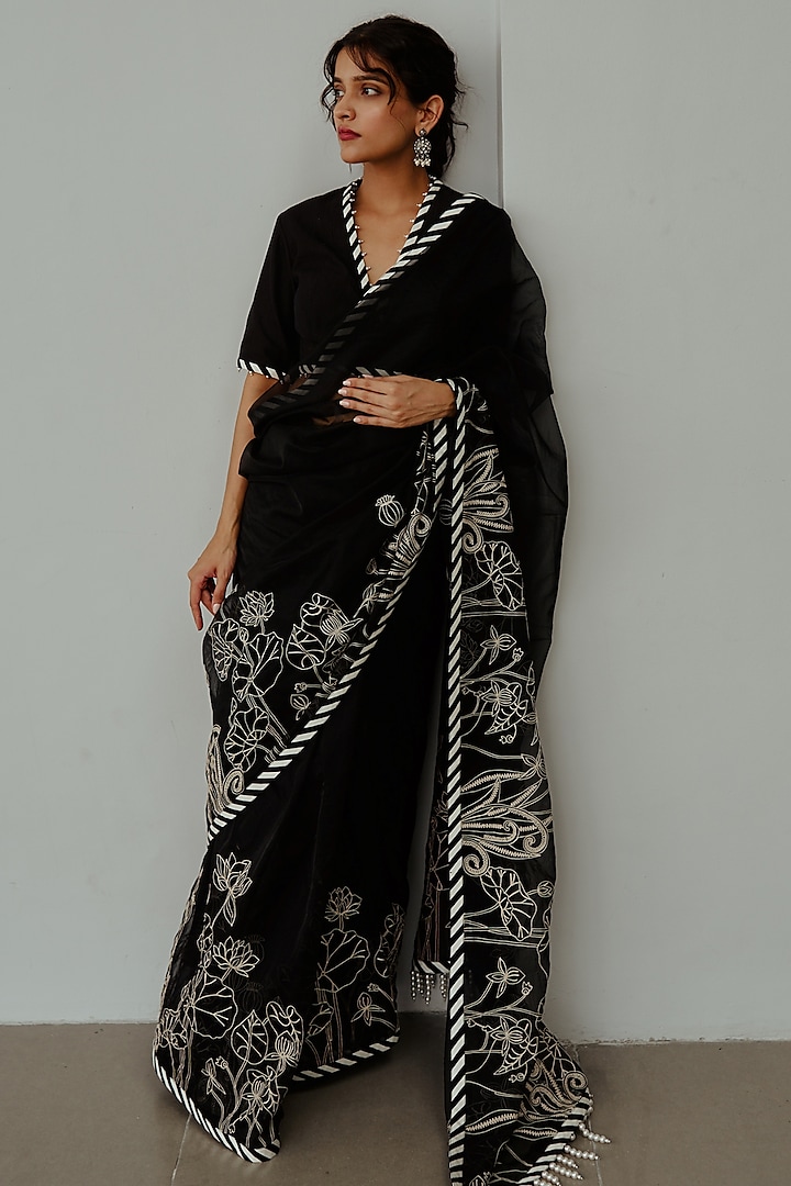 Black Organza Aari & Pearl Embroidered Wedding Saree Set by Wabi Sabi at Pernia's Pop Up Shop