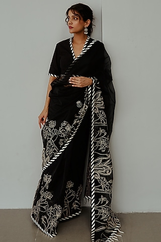 Black Organza Aari & Pearl Embroidered Saree Set by Wabi Sabi