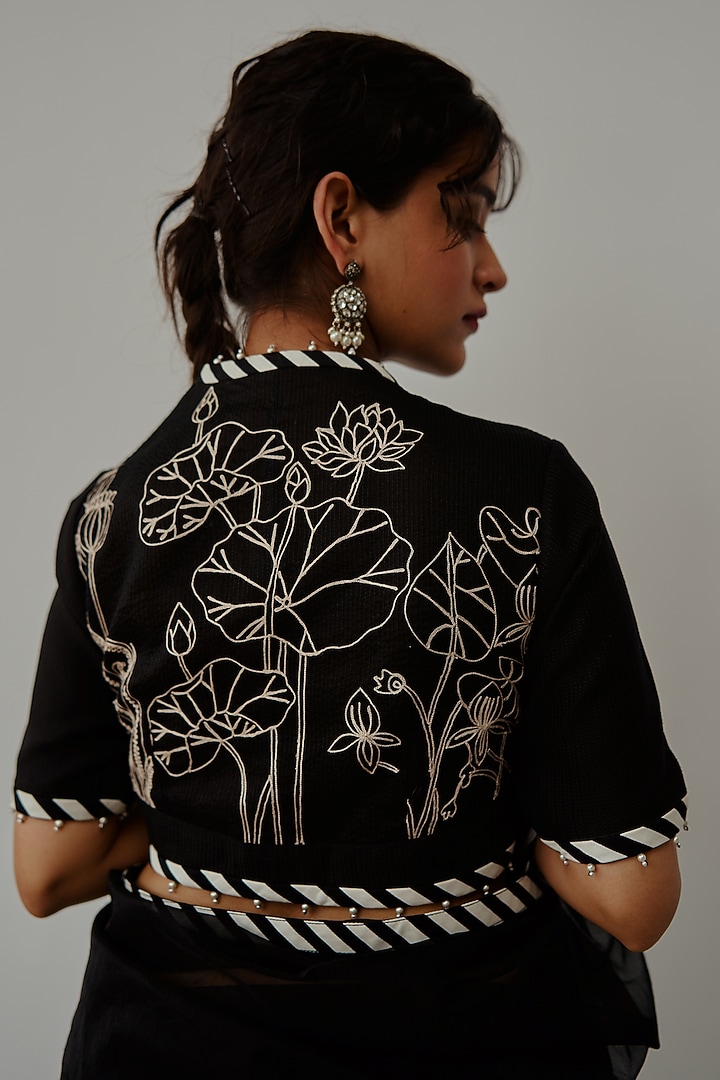 Black Organza Aari & Pearl Embroidered Wedding Saree Set by Wabi Sabi at Pernia's Pop Up Shop