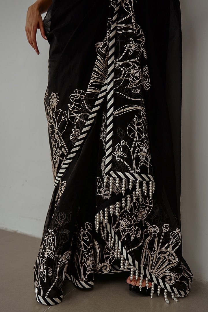 Black Organza Aari & Pearl Embroidered Wedding Saree Set by Wabi Sabi at Pernia's Pop Up Shop