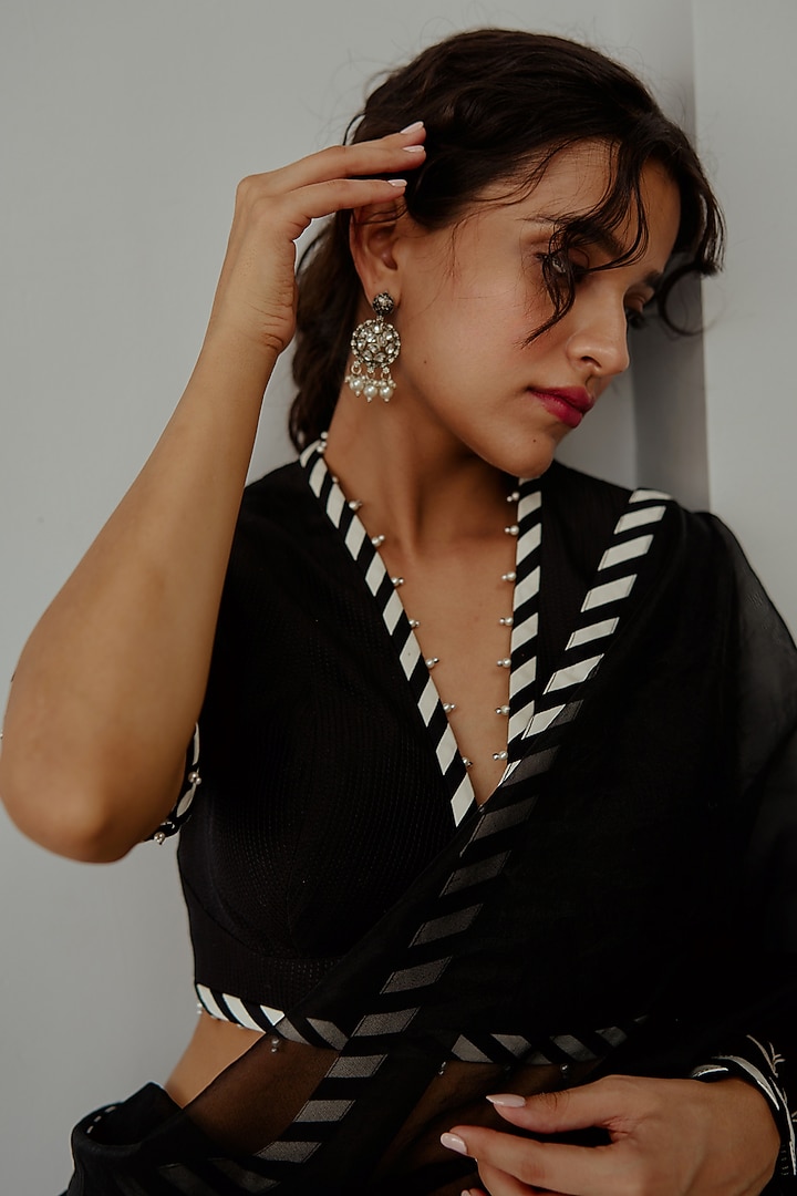 Black Organza Aari & Pearl Embroidered Wedding Saree Set by Wabi Sabi at Pernia's Pop Up Shop