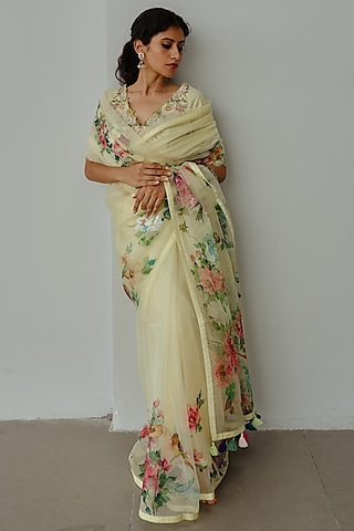 Lemon Yellow Organza Hand Painted & Resham Embroidered Saree Set by Wabi Sabi