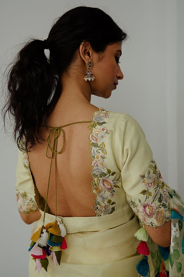 Lemon Yellow Organza Hand Painted & Resham Embroidered Wedding Saree Set by Wabi Sabi at Pernia's Pop Up Shop
