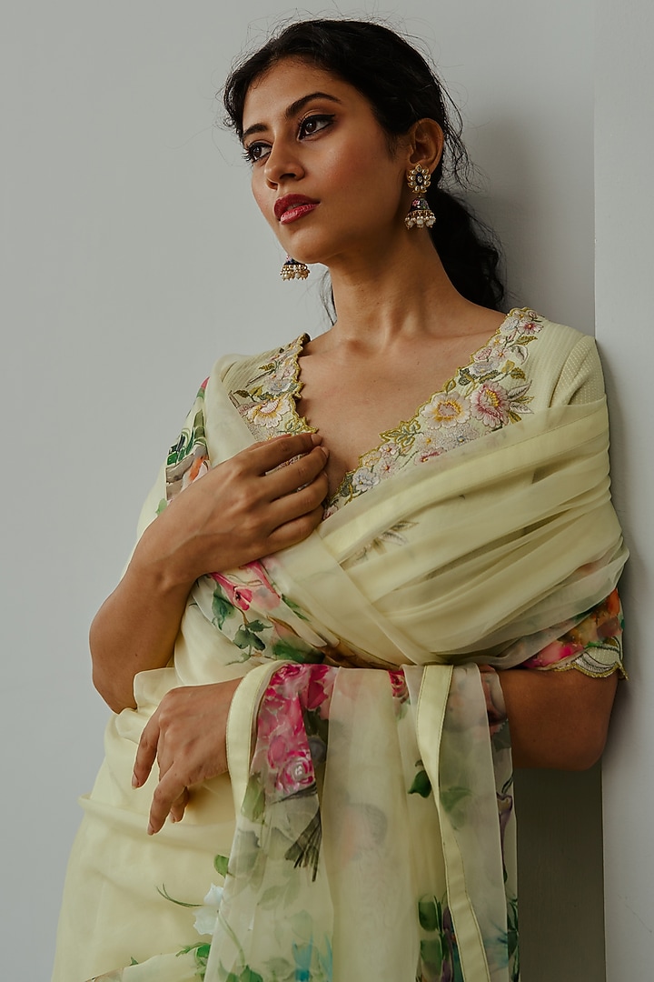 Lemon Yellow Organza Hand Painted & Resham Embroidered Wedding Saree Set by Wabi Sabi at Pernia's Pop Up Shop