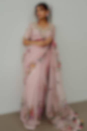 Pastel Pink Organza Hand Painted & Resham Embroidered Wedding Saree Set by Wabi Sabi at Pernia's Pop Up Shop