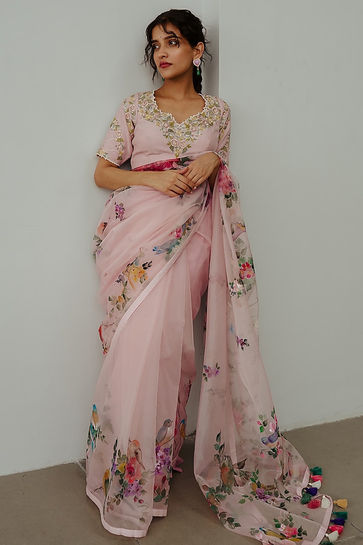 Pastel Pink Organza Hand Painted & Resham Embroidered Wedding Saree Set by Wabi Sabi at Pernia's Pop Up Shop