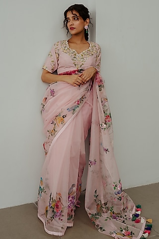 Pastel Pink Organza Hand Painted & Resham Embroidered Saree Set by Wabi Sabi