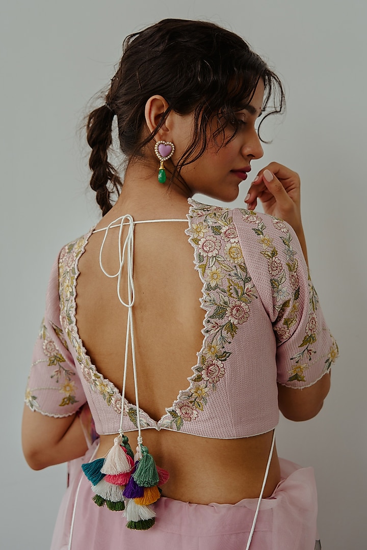 Pastel Pink Organza Hand Painted & Resham Embroidered Wedding Saree Set by Wabi Sabi at Pernia's Pop Up Shop
