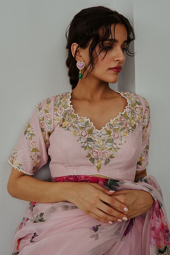 Pastel Pink Organza Hand Painted & Resham Embroidered Wedding Saree Set by Wabi Sabi at Pernia's Pop Up Shop