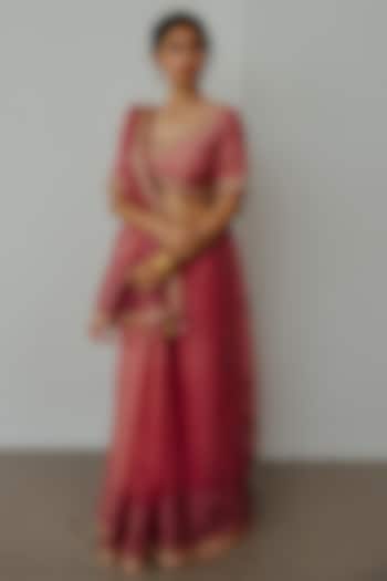 Old Rose Organza Aari & Sequin Embroidered Wedding Saree Set by Wabi Sabi at Pernia's Pop Up Shop