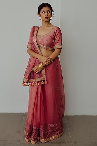 Old Rose Organza Aari & Sequin Embroidered Saree Set by Wabi Sabi