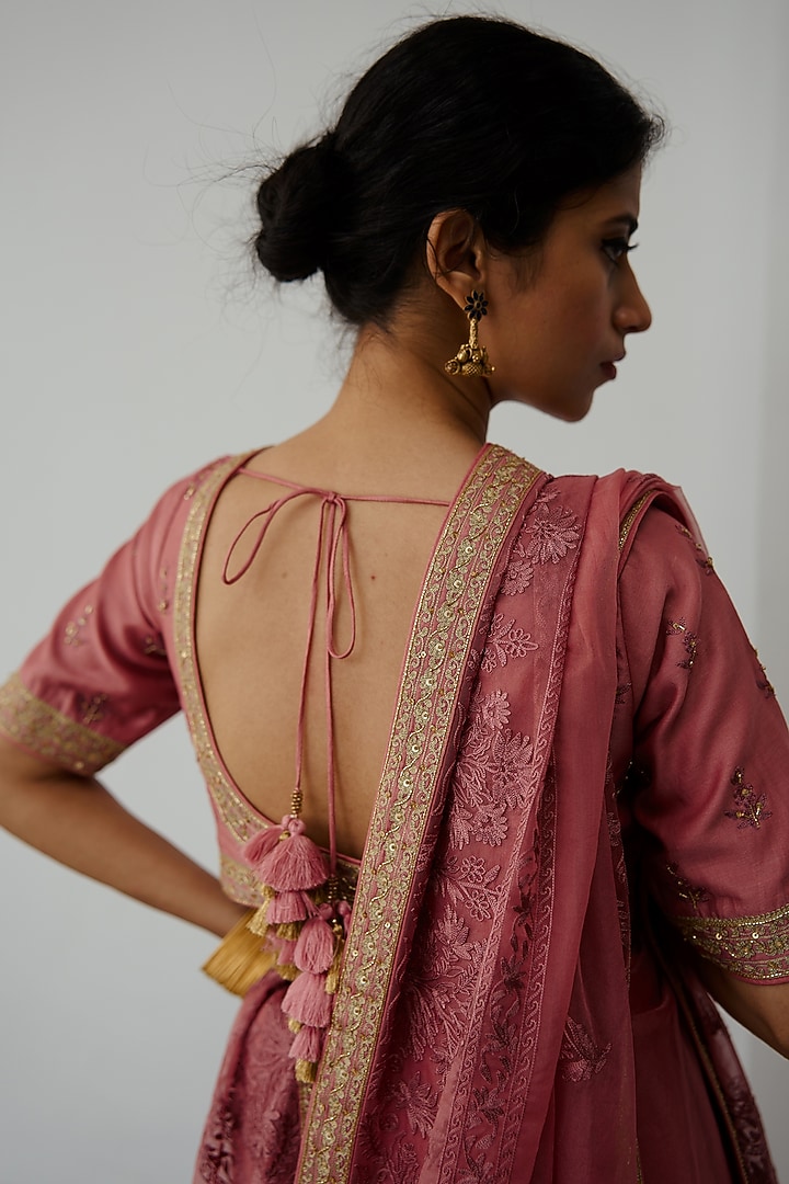 Old Rose Organza Aari & Sequin Embroidered Wedding Saree Set by Wabi Sabi at Pernia's Pop Up Shop