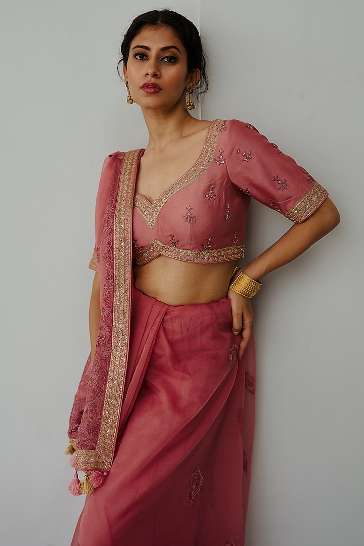 Old Rose Organza Aari & Sequin Embroidered Wedding Saree Set by Wabi Sabi at Pernia's Pop Up Shop