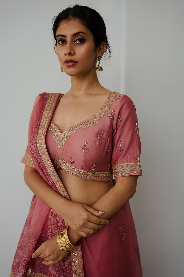 Old Rose Organza Aari & Sequin Embroidered Wedding Saree Set by Wabi Sabi at Pernia's Pop Up Shop