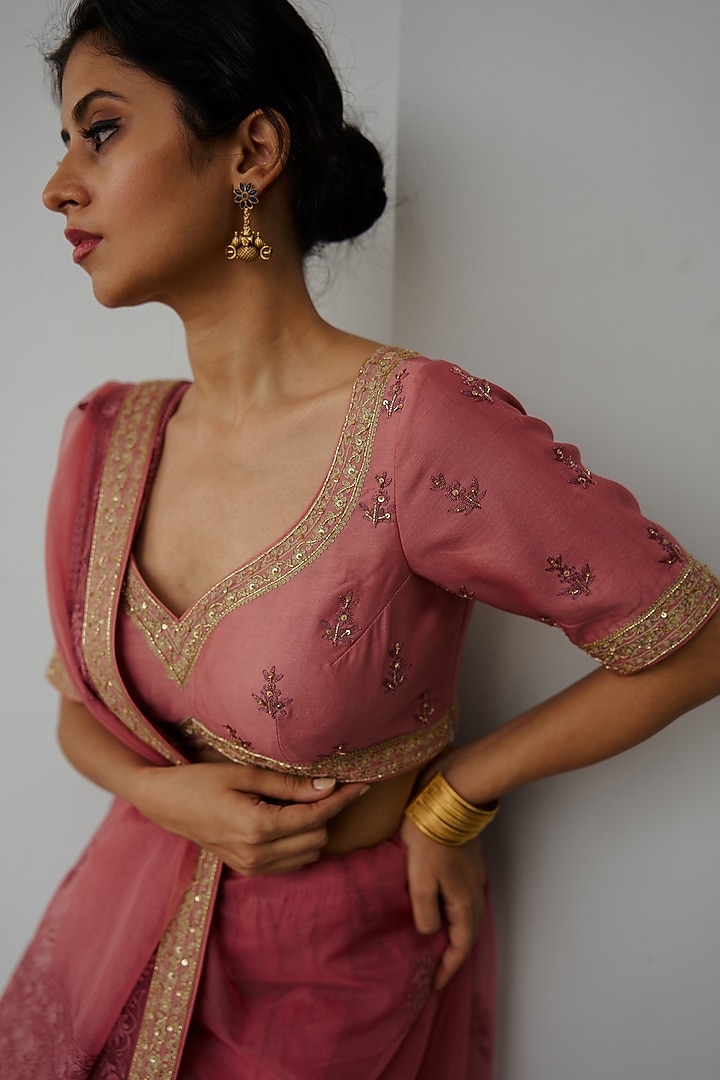 Old Rose Organza Aari & Sequin Embroidered Wedding Saree Set by Wabi Sabi at Pernia's Pop Up Shop