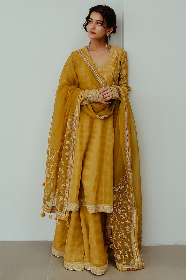 Mustard Chanderi Handloom Hand Embroidered Wedding Anarkali Set by Wabi Sabi at Pernia's Pop Up Shop